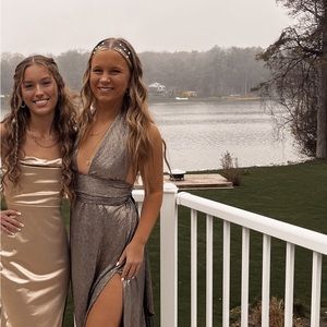 Lucy in the sky prom dress Mckayla Metallic pleated maxi dress